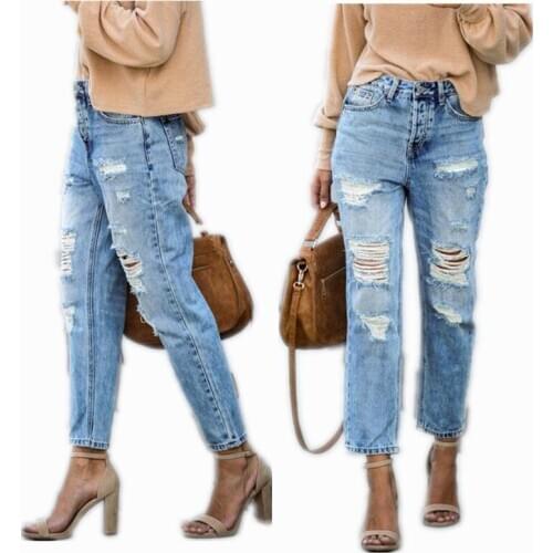 Harem Vintage Blue Denim Hole Jeans Woman Boyfriends Mom Cowboy Ripped Jeans Street Hipster Mid-Waist Ripped Straight Leg Jeans