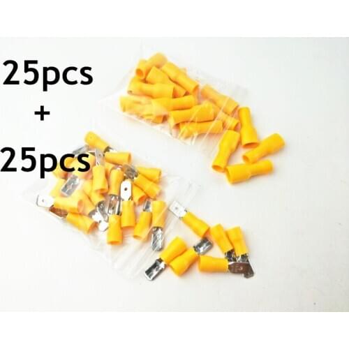 50pcs 6.3mm Yellow 25 Female 25 Male Spade Insulated Electrical Crimp Terminal Connectors