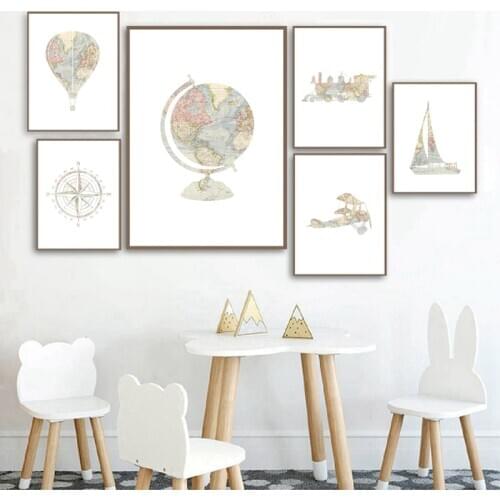 World Map Print Adventure Travel Nursery Wall Art Canvas Poster Hot Air Balloon Train Airplane Art Painting Kids Room Decor