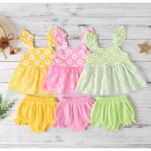 Summer Children Infant Girls 2pcs Mesh Lovely Clothes Suits Floral Flying Sleeve Tops + Lace Shorts Newborn Kids Outwear Sets