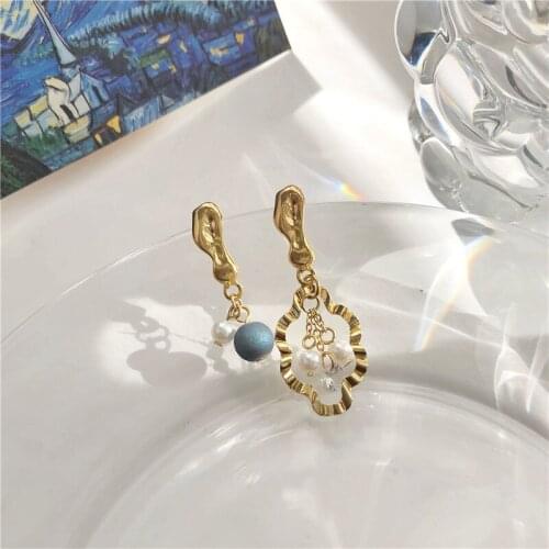Metal Asymmetric Irregular Tassel Dangle Earrings Blue Bead Crystal Earrings