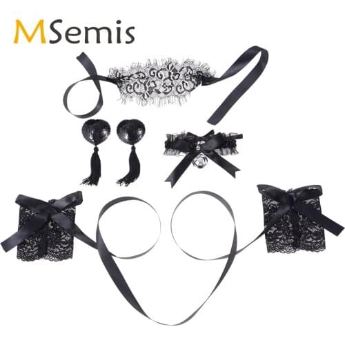 Women Sex Toys Kit Porno Lingerie Set Self-Tie Blindfold Lace Wristcuffs Bowknot Bell Collar Nipple Covers Cosplay Sex Accessory