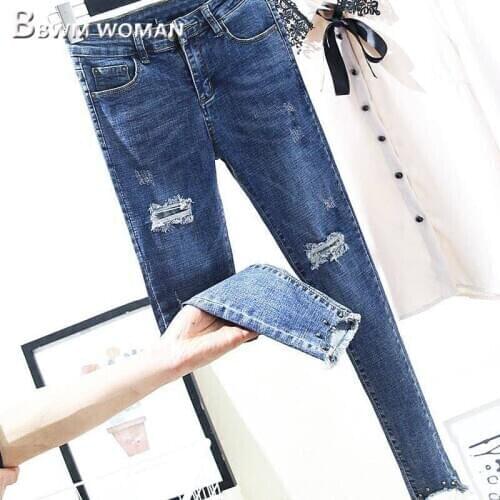 2019 Autumn Pencil Jeans Elastic Denim Fabric Fashion Female Pants