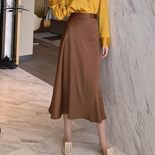 Autumn High Waist A-line Women Skirt Falda Mujer Soft Satin Skirts Women Office Lady Mid-length Skirt Korean 2021 Female 9940