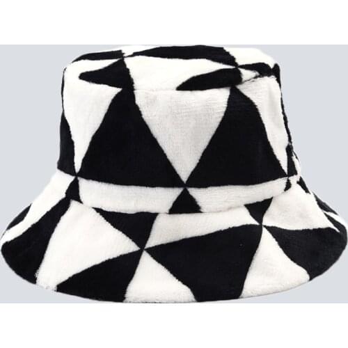 NEW Fashion Warm Velvet Panama Lady Winter Black White Big Plaid Bucket Hats For Women Girl Outdoor Vacation Fisherman Hat