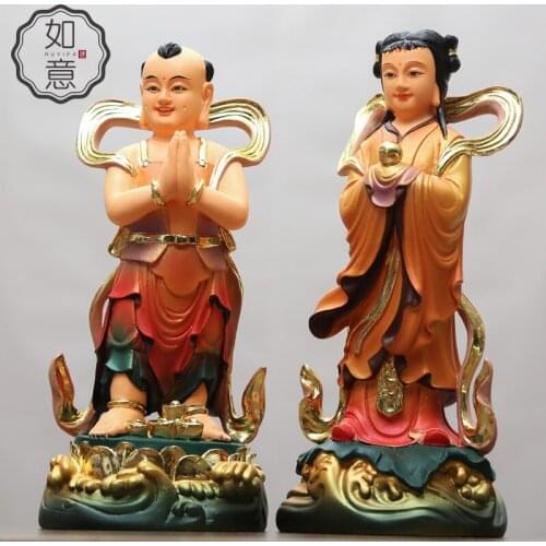 A pair 2PCS Wholesale Buddha figure HOME SHOP Propitious FENG SHUI GUANYIN TONGZI maidens JIN TONG YU NV color buddha statue