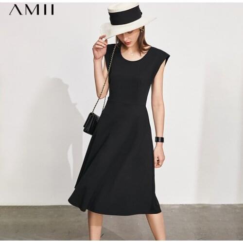 Amii Minimalism Summer New Womens Dress Offical Lady Solid Oneck Aline Dress For Women Causal Cotton Womens Dress 12170319