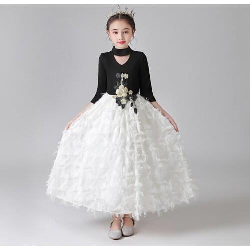 Flower Girl Dresses Illusion Embroidery O-Neck Half Princess Floor-Length Tulle Lace Luxury Black Vintage Kids Party Gown H643