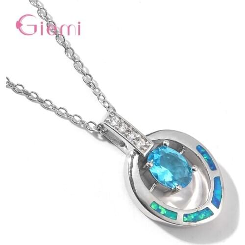 Elegant Simple 925 Sterling Silver Water Drop Shape Blue Fire Opal Pendants Necklace Chain Womens Jewelry Gift