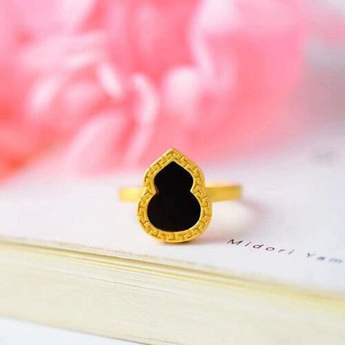S925 Sterling Silver Gold Inlaid Natural Hetian Jade Dark Jade Gourd Ring Gem Ring Jade Ring Meaning Auspicious Ornament for Wom