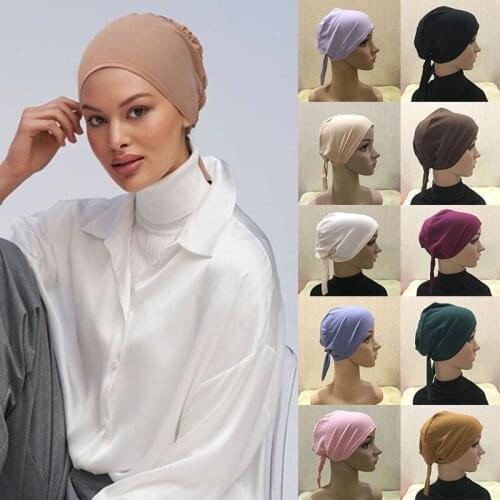 Plain Full Cover Underscarf Bonnet with Bandage Muslim Soft Cotton Under Cap Back Open Women Inner Hijab Turban Head Wear Hats