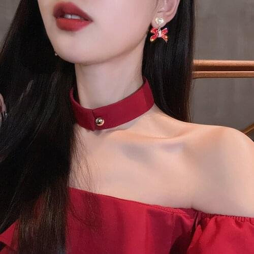TIMEONLY Creative Red Crystal Bowkont Long Chain Dangle Earrings Simulated Pearl Jewellery for Women Girls Earring Hot Sale