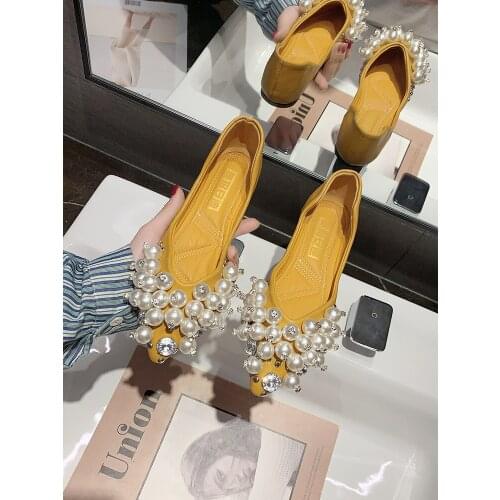 Fashion all-match flat shoes spring and summer pointed shallow mouth exquisite pearl boat shoes large size 35-41 womens shoes