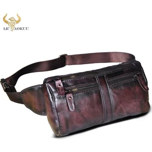 Retro Wine Genuine Real Leather Unisex Cross-body Sling Bag Design Casual Travel 7" Phone Case Fanny Waist Belt Bag Pack 811-49