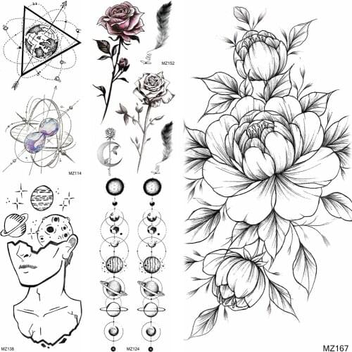 Beautiful Flower Temporary Tattoos Fake Rose Waterproof Tattoos 3D Geometric Planets Galaxy Tattoo For Women Men Body Art Tattoo