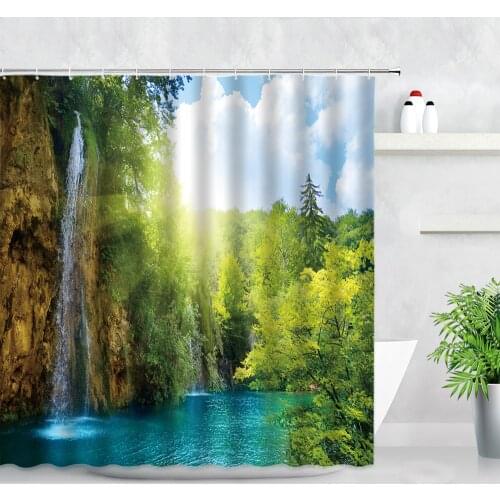 Green Nature Landscape Shower Curtains Sunlight Waterfall Lake Plant Forest Scenery Modern Bathroom Decor Cloth Bath Curtain Set