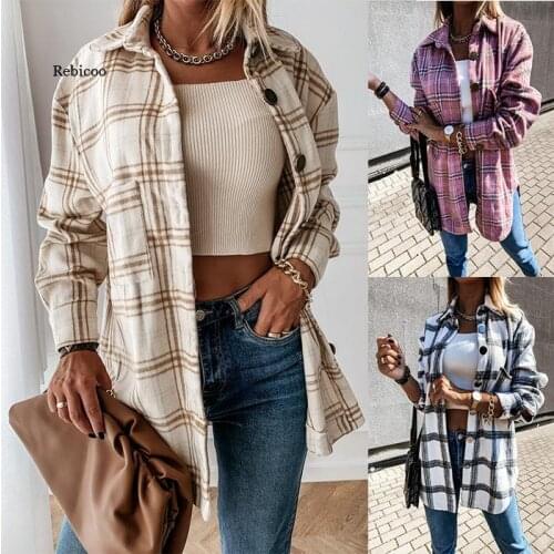Women Autumn Casual Plaid Long Sleeve Lady Jacket Vintage Turn-Down Collar Tops Coat Elegant Female Single Breasted Outerwear