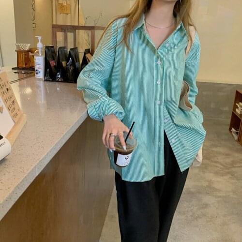 Alien Kitty 2021 New Autumn Womens Shirt Striped Turn Down Collar Single-Breasted Classic Green Fashion Slim Loose Casual Top