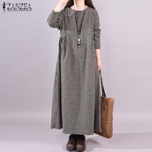 ZANZEA Women Long Sleeve Shirt Dress Vintage Plaid Check Long Kaftan Robe Ladies O Neck Vestido 2021 Autumn Dresses