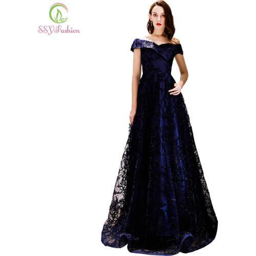 SSYFashion New Elegant Navy Blue Lace Evening Dress Floor-length Simple Party Formal Gown Custom Made Robe De Soiree