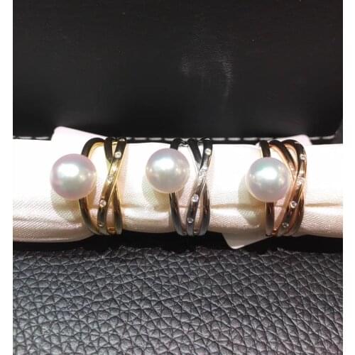8-8.5MM natural sea water akoya pearl ring 18K gold with diamond fine women jewelry free shipping