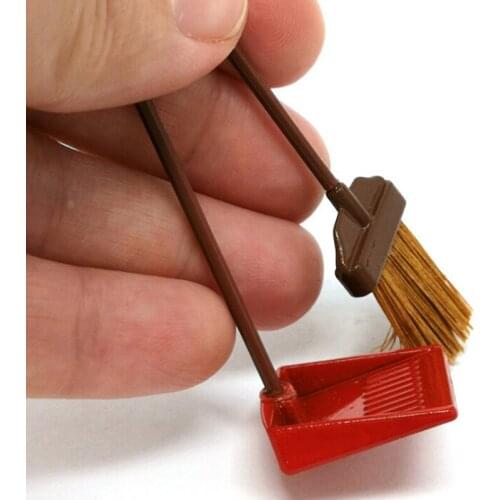 1:12 dollhouse miniature red metal long handles broom and dust pan set