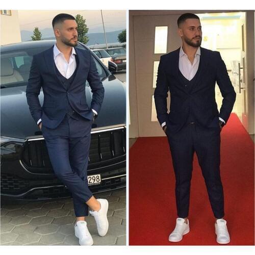 Summer Navy Mens Suits High Quality Slim Fit One Button Groom Wear Beach Men Wedding Party Tuxedos( Jacket+Vest+Pants)