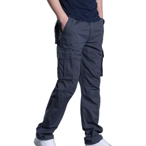 New Autumn Men Casual Pants Solid Color Breathable Elastic Waist Fashion Cargo Pants Multi Pockets Camping Trousers