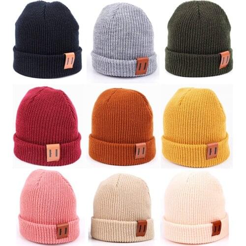 Baby Knit Hat for Boys Girls Autumn Winter Warm Kids Beanie Adult Children Parent-Child Hats Newborn Baby Cap with Leather Label
