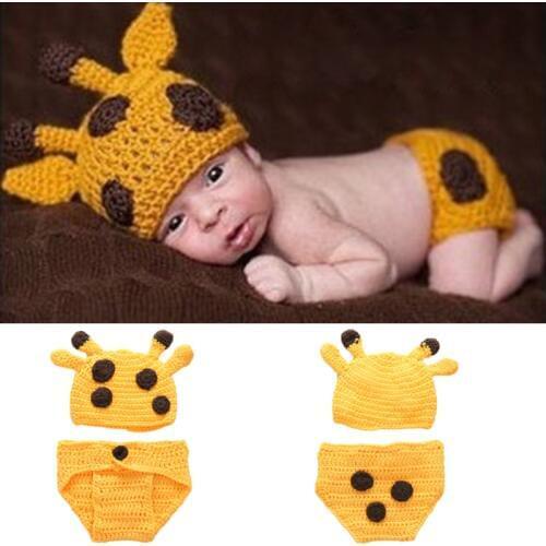 Newborn Baby Giraffe Photo Clothes Costumes Handmade Knitted Bebe Boy Girl Photography Clothing Hat+Pants Briefs 2pcs Sets