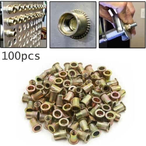 Mayitr 100pcs/set Car Auto M6 Metric Carbon Steel Rivet Nut Flat Head Threaded Insert Nutsert Tool Parts