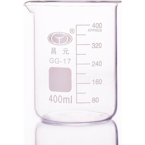 Beaker in low form,Capacity 400ml,Outer diameter=80mm,Height=110mm,Laboratory beaker