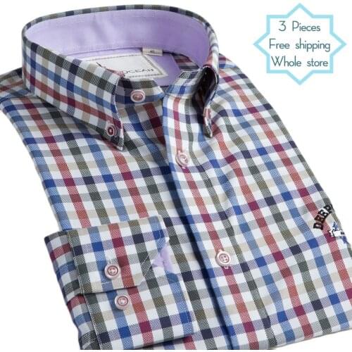 DEEPOCEAN Oxford Mens Long Sleeve Shirt Plaid Korean Slim Casual Shirt Wash Button Shirt