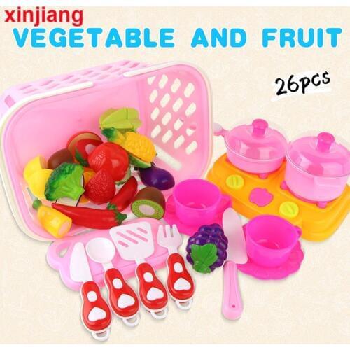 26pcs Cutting Vegetable & Fruits Set with Basket Cooker Pink Kitchen Toys Set Pretend Play Toy for Kids Girls Gift 3 Years Old