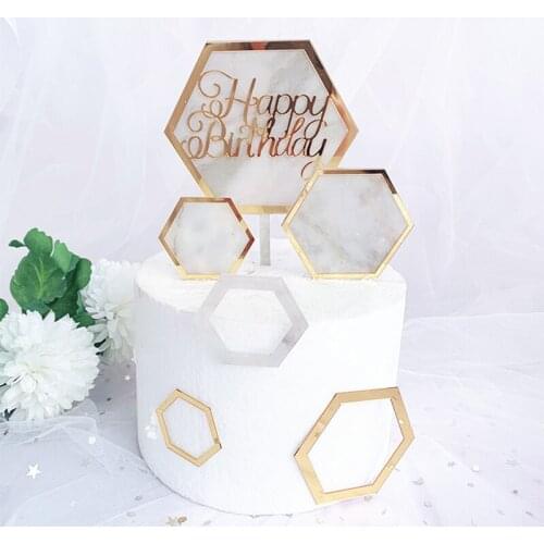 New Acrylic Cake Topper Hexagon Gold Happy Birthday Cake Topper For Kids Birthday Party Cake Decorations Baby Shower