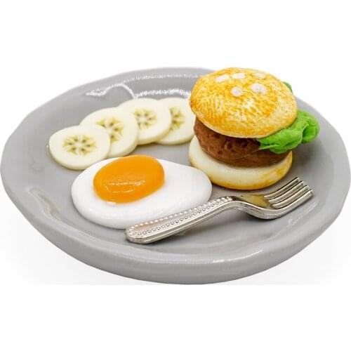 Odoria 1:12 Miniature Breakfast Set Hamburger Egg Banana on Ceramic Plate Mini Fake Food Dollhouse Accessories Kitchen Decor