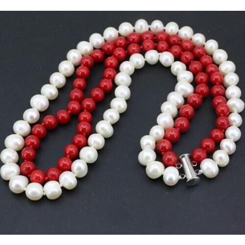 Charms 8-9mm white natural freshwawter pearl 2 rows strand necklace For women 7mm red coral beads chain jewelry 18-19" B3454