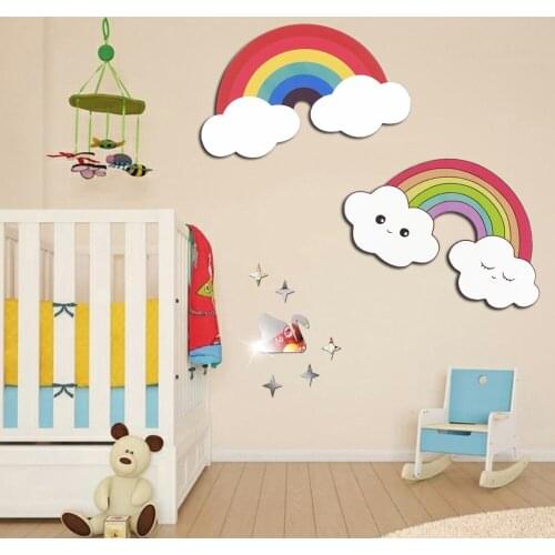 Rainbow Clouds Wall Stickers for Kids Room Baby Bedroom Living Room Decoratives Wallpaper Color Mural Wooden-Plastic Decor