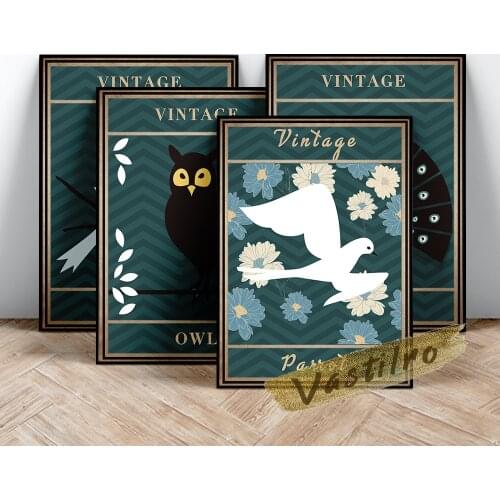 Animal Cartoon Art Prints Retro Poster, Amusing Peacock Parrot Sea Gull Owl Canvas Painting, Kids Room Home Decor Wall Picture