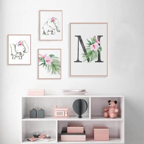 Cute Elephant Animal Poster Nursery Canvas Painting Wall Art Print Pink Flower Nordic Wall Picture For Kids Bedroom Decoration
