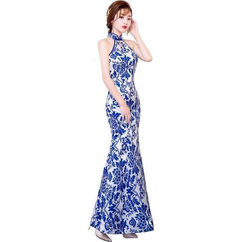 Shanghai Story Fishtail Chinese Dress Halter Keyhole mermaid Qipao blue and white porcelain dress Cheongsam dress for Women