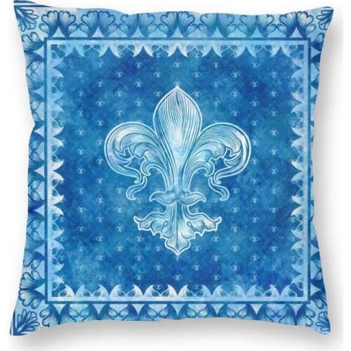 Blue Watercolor Fleur De Lis Cushion Cover Vintage Sacred Lily Flower Throw Pillow Case for Living Room Custom Pillowcase Decor