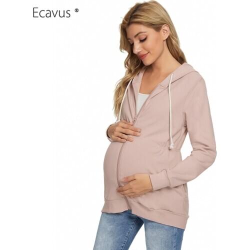 Maternity Hoodie Long Sleeve Side Pleat Zip Up Maternity Clothes Casual Comfortable Pregnancy Sweatshirts Waist Pocket