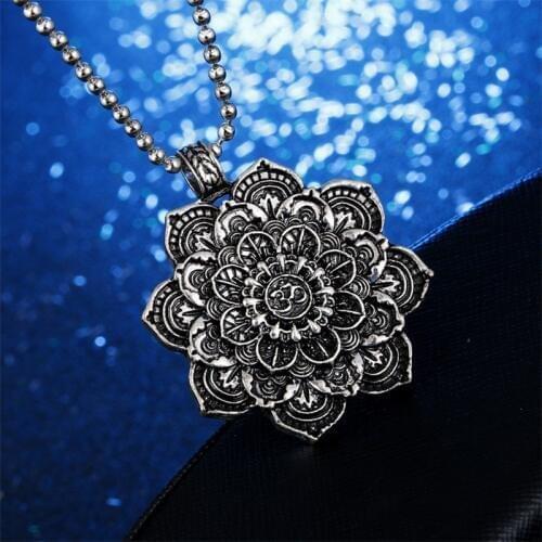 Vintage Alloy Mandala Lotus Flower Pendant Necklaces For Women Charm Leather Chain Amulet Religious loto fiore Unisex Jewelry