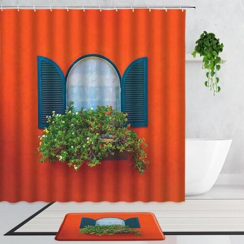 Orange Window Flower Shower Curtains Small Town Street Scene European Rural Scenery Waterproof Bath Curtain Rug Anti-Slip Carpet