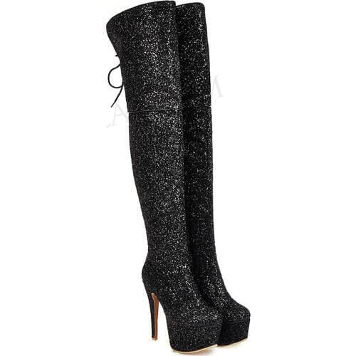 LAIGZEM Bling Women Over Knee High Platform Boots Stiletto Heels Glitter Sequined Boots Club Ladies Shoes Woman Size 43 44 47 48