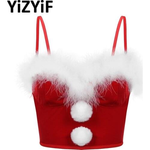 Women Flannel Corset Christmas Costume Bustier Underwired Bra Crop Top Faux Fur Trimming Fuzzy Ball Decor Tank Cropped Vest Tops