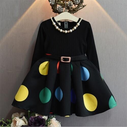 Girls 3-8 Years O-neck Long Sleeveless Colorful Dot Decor With Waist Belt Design Black Dresses Spring and Summer Dresses