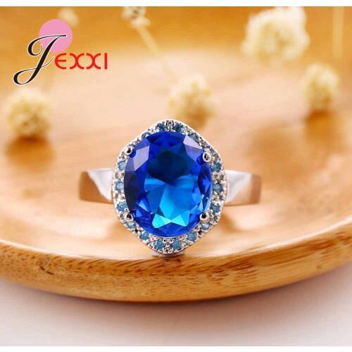 925 Sterling Silver Rings For Wedding Engagement Accessory Women Blue Austrian Crystal Ring With Cubic Zircon Bague Femme