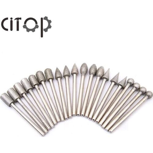 Citop 20Pcs/Set 3mm Shank Electroplated Diamond Grind Head Set Mini Drill Burs Material Drill Bits For Rotary Tools
